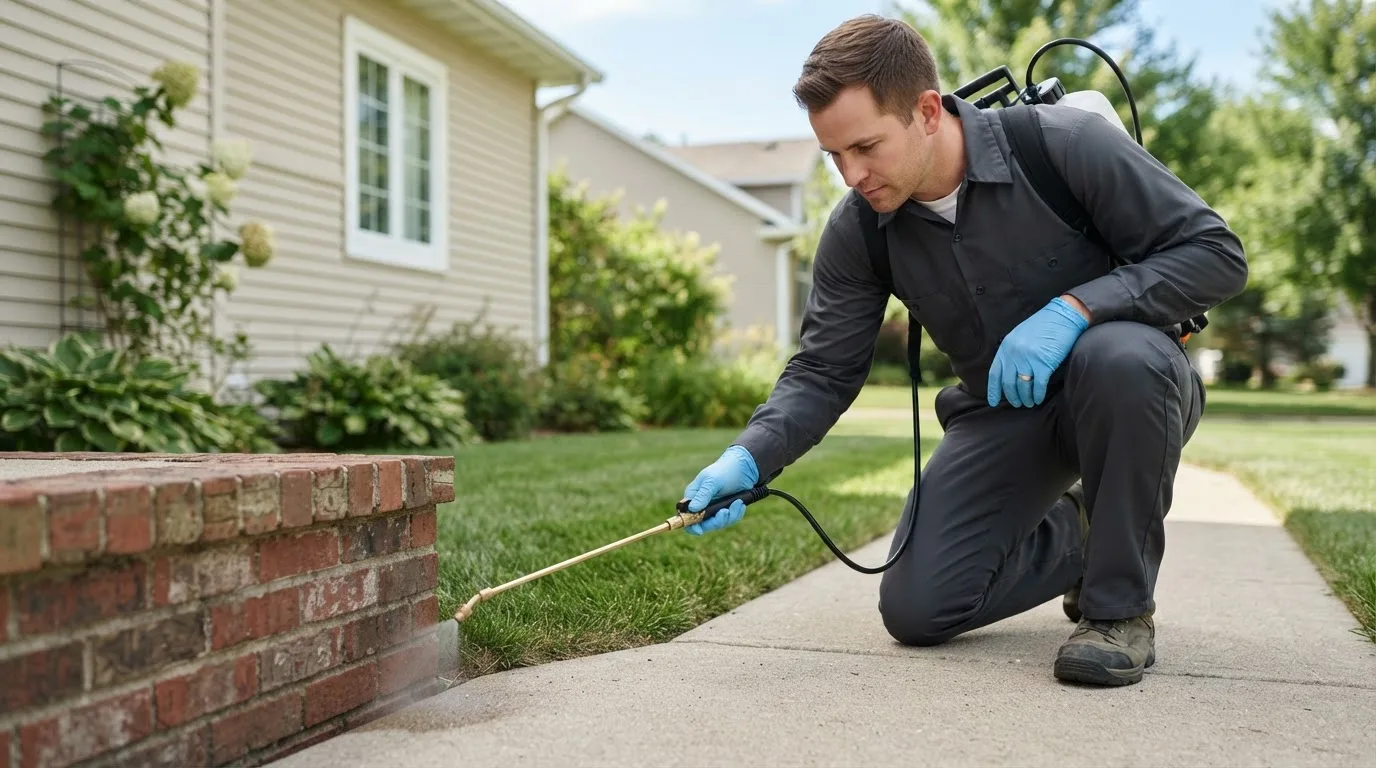 Pest control technician treating a home near Sumner, MI
