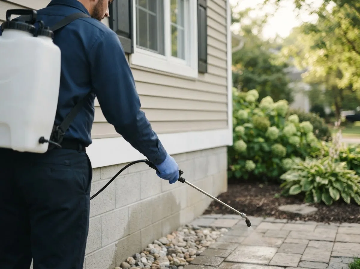 Pest control technician inspecting a home in Sumner, MI